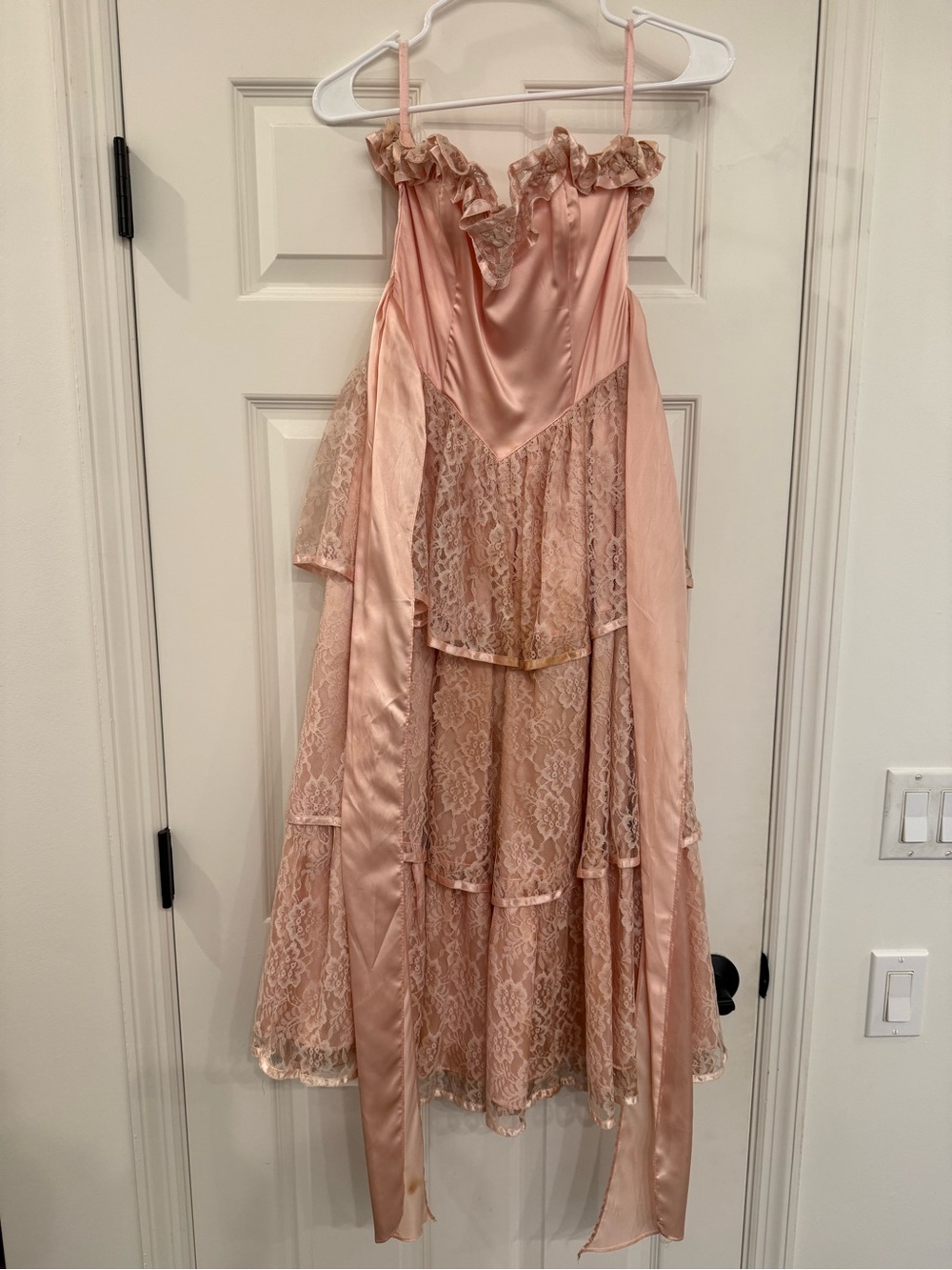 Vintage Gunne Sax Jessica McClintock Pink Lace Strapless Satin Midi Dress Bow
